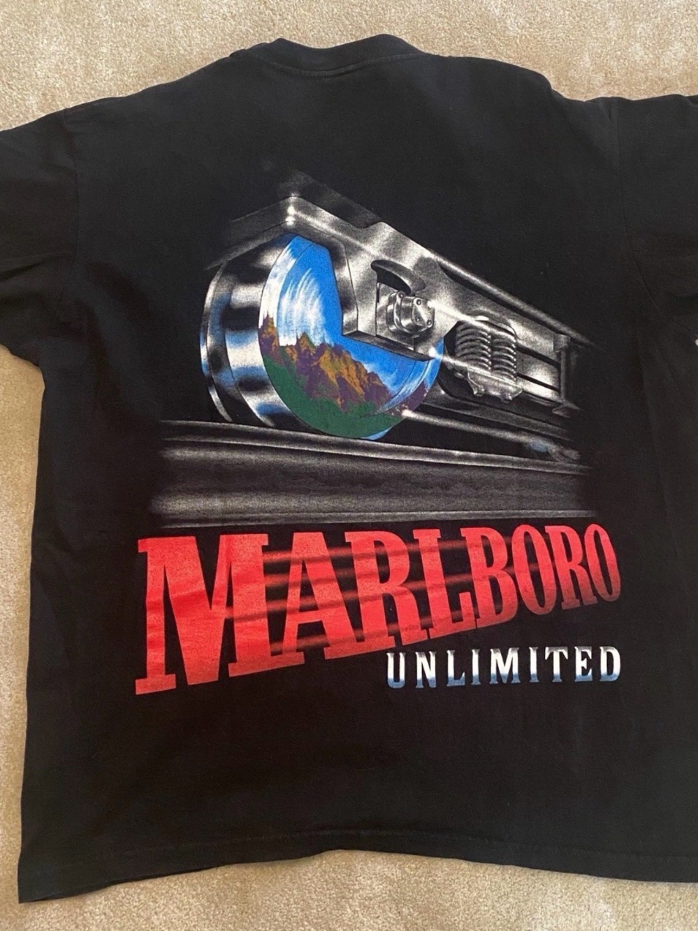 Vintage 1990s Marlboro Black Tee cigarettes Red Logo & Blue Train Scenic Accent